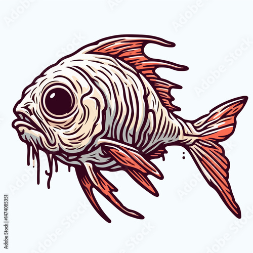 Sad Fish Illustration: A stylized illustration of a fish with a sorrowful expression, featuring detailed linework and muted color palette.