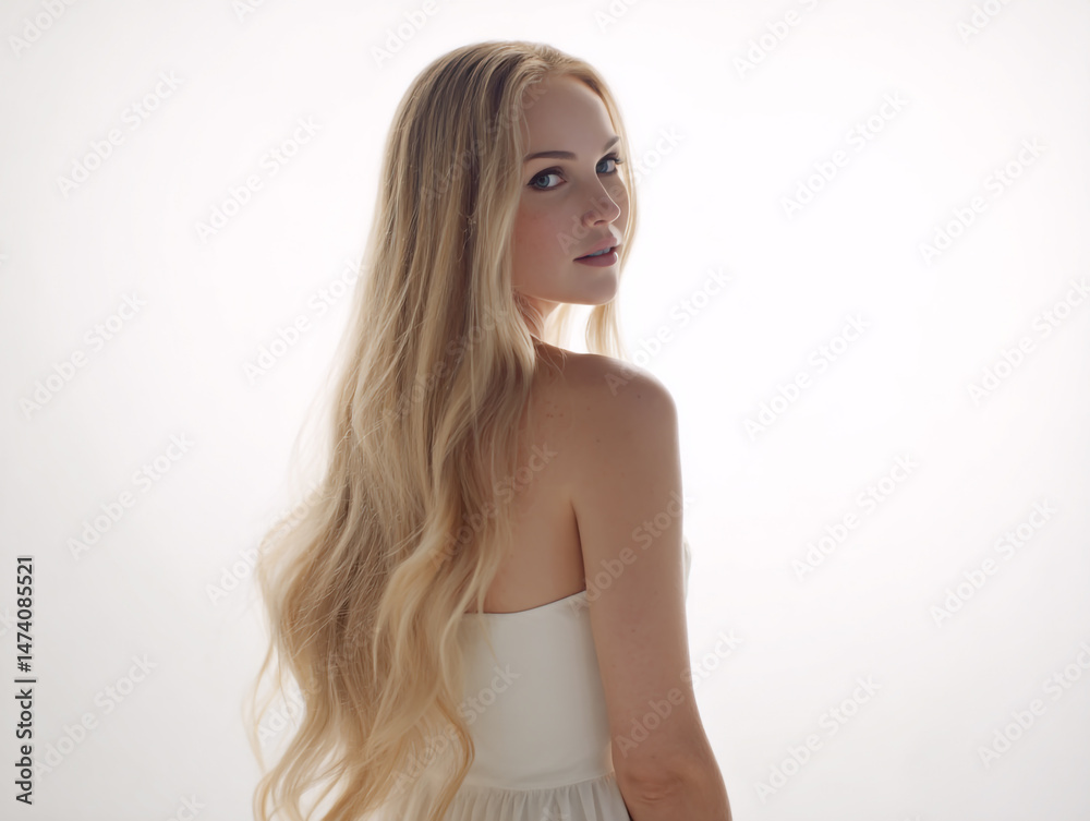Naklejka premium Softly lit blonde woman in a simple dress, hair cascading down her back, looking sideways, clean white background, smooth shadows, hyper-realistic details,