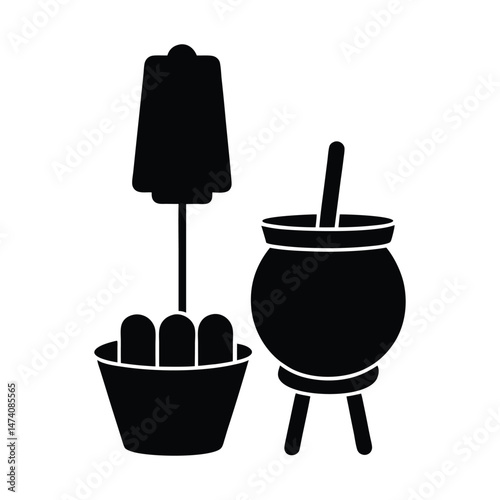 vector silhouette of Indian kulfi on stick with traditional clay pot and ice blocks around vendor on white