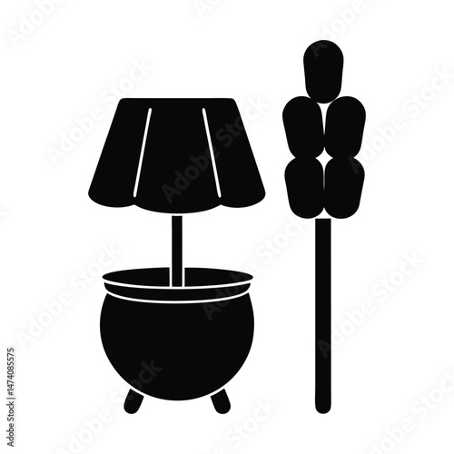 vector silhouette of Indian kulfi on stick with traditional clay pot and ice blocks around vendor on white