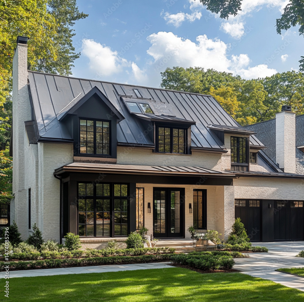 A modern, stylish house with a dark gray metal roof and black framed windows sits on a grassy lawn sunlight A modern, stylish house with a dark gray metal roof and black framed windows sits on a grassy lawn sunlight