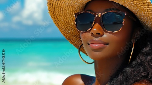A joyful woman stands on the beach, wearing a large straw hat and oversized round sunglasses.