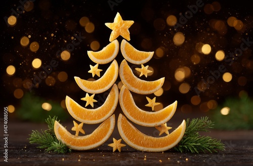 A wooden kitchen counter hosts a creatively arranged citrus fruit pyramid, designed to evoke a Christmas tree, with an empty background to the left, providing ample space for text to market fresh photo