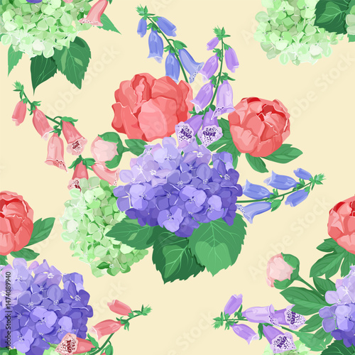Seamless vector illustration with digitalis, hydrangea and peonies. For decorating textiles, packaging