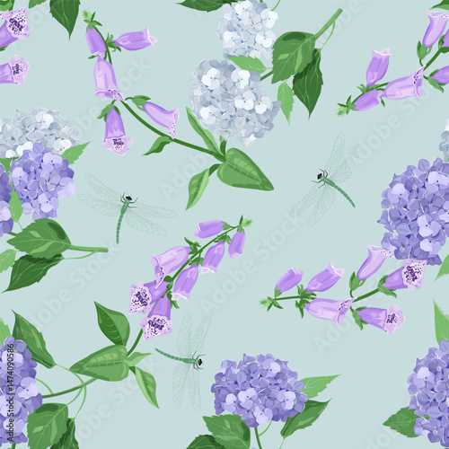 Seamless vector illustration with digitalis, hydrangea and dragonflies on a blue background. For decorating textiles, packaging