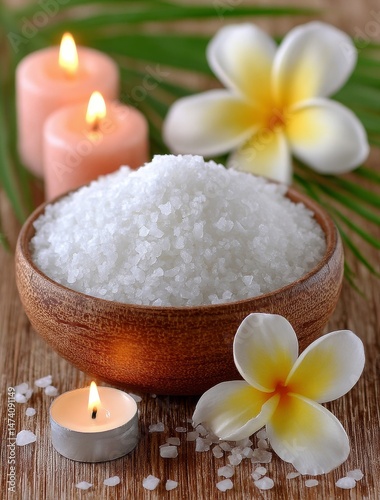 Aromatherapy treatment, self care retreat, or a tranquil setup may feature cosmetics, spa candles, and flower-adorned salt on a table, alongside organic products in an interior health clinic or empty