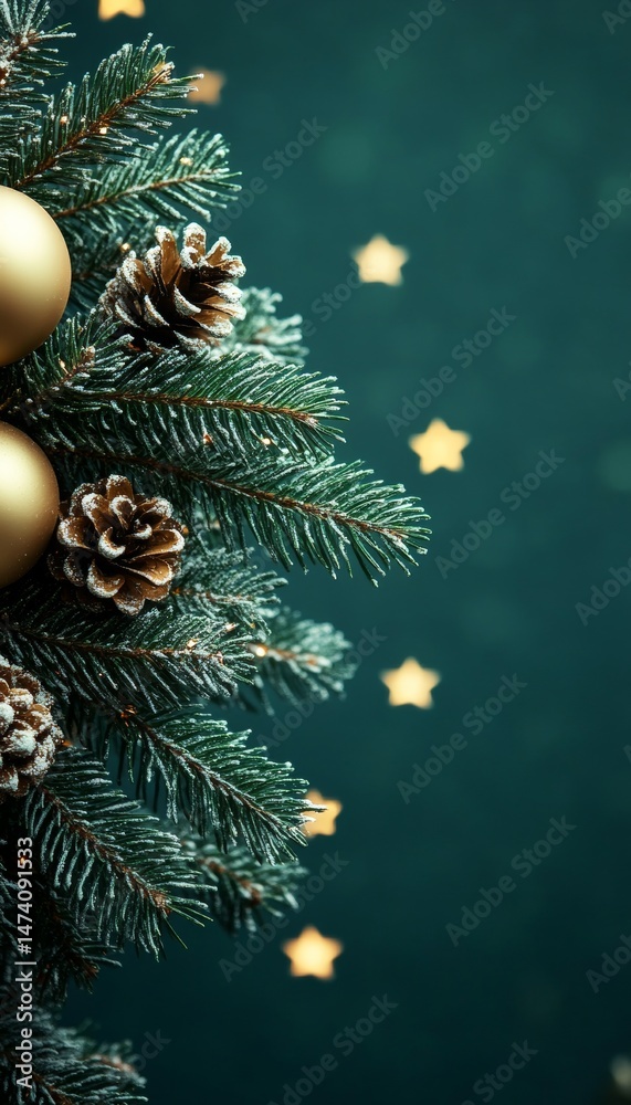 Naklejka premium Christmas Elegance. Golden Ornaments on Pine Boughs with Cones and Stars, Deep Green Backdrop
