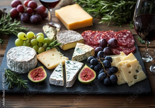 Exquisite Cheese Platter with Red Wine, Fresh Fruits, and Gourmet Salami, Perfect for Entertaining Guests and Celebrating Special Occasions