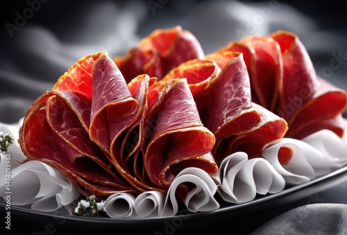Exquisite Close-Up of Delicately Arranged Cured Meat Slices Garnished with Whimsical Ribbons Set Against a Dark Elegant Background