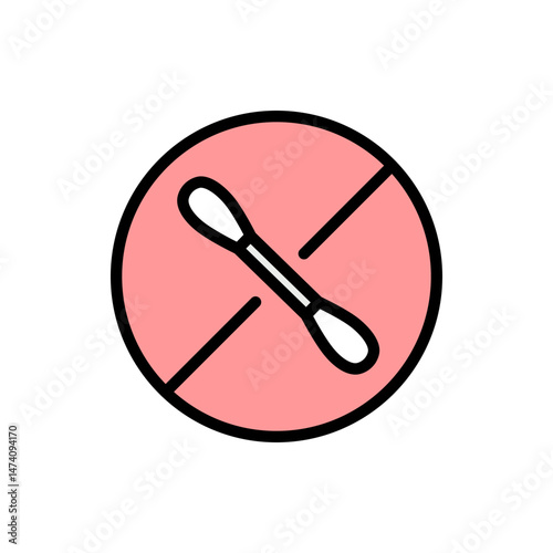Earwax blockage, ear stick. Forbidden color sign. Concept of prohibition. Removing earwax, cleaning. Cleaning the auditory canal with a cotton swab. No cotton swabs in ear.