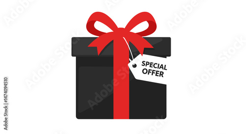 Black gift box with red ribbon and special offer tag