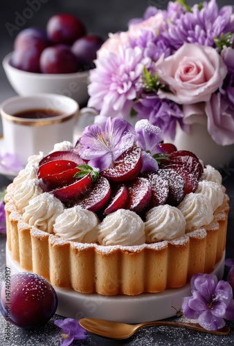 Exquisite Fresh Fruit Tart with Cream Topping and Colorful Flowers on Table with Coffee and Plums in Elegant Setting