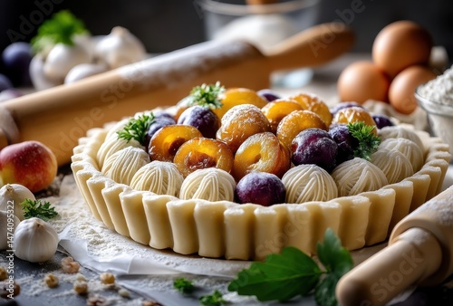 Exquisite Fresh Fruit Tart with Rich Cream and Garnishes on a Rustic Kitchen Table Surrounded by Baking Ingredients and Tools