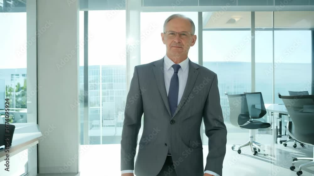 Handsome senior business man with crossed arms smiling at camera. Confident smiling mature good looking middle aged leader businessman male over blurred office background with copy space Handsome senior business man with crossed arms smiling at camera. Confident smiling mature good looking middle aged leader businessman male over blurred office background with copy space
