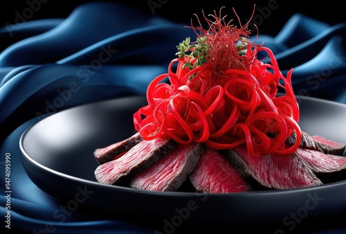 Exquisite Gourmet Dish Presentation with Vibrant Red Structure and Fresh Ingredients on Elegant Black Plate Surrounded by Luxurious Blue Fabric