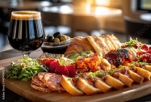 Exquisite gourmet food platter featuring artisan bread, savory meats, fresh greens, and dark beer in an elegant dining setting with warm lighting
