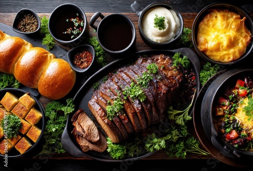 Exquisite Gourmet Feast Featuring Roasted Meat, Side Dishes, Fresh Herbs, and Assorted Accompaniments Perfect for Culinary Experience and Food Enthusiasts