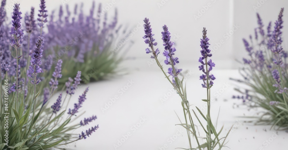 Naklejka premium Delicate lavender blooms, pristine white backdrop, purple, bouquet, nature