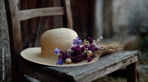 A vintage straw hat with flowers tucked in the brim, resting on a rustic wooden chair