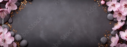The image features beautiful pink spa flowers arranged on hot stones in water, set against a dark and wet background with a side composition and copy space, evoking a spa concept