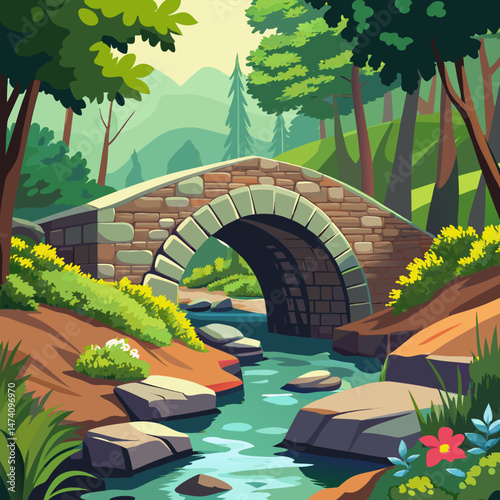 Serene Stone Bridge over a Flowing River in a Lush Forest Landscape