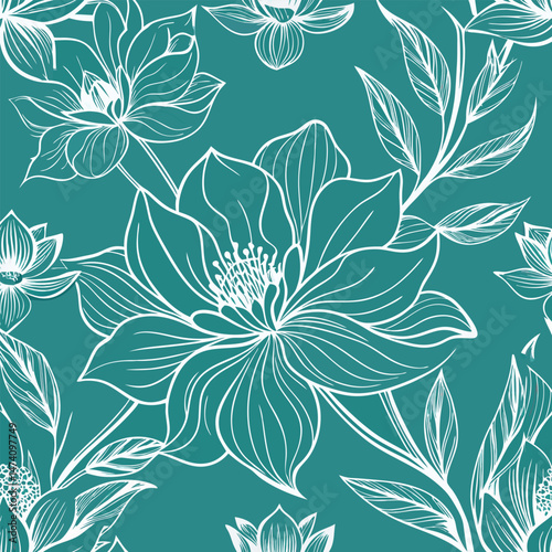 Elegant White Flowers on Teal. Seamless Floral Pattern