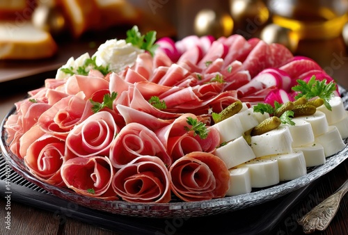 Exquisite platter of cured meats, cheese, and garnishes showcasing a delightful arrangement for an upscale culinary presentation and gourmet dining experience
