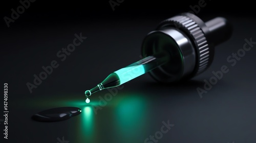 A droplet of glowing liquid falls from a pipette onto a dark surface.