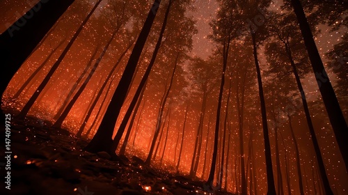 A haunting forest scene bathed in a warm orange glow, highlighting the beauty of nature.