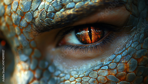  Close-up portrait of a human face with stylized animal features, including reptilian snake skin texture and glowing eyes, representing the fusion of human identity and animal instinct in anthropomorp