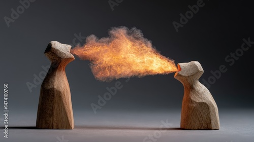 A wooden figure speaking while fire bursts from its mouth toward another figure, concept of hurtful communication
