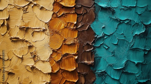 Colorful Abstract Texture of Layered Paint Scales in Warm Earthy Tones and Cool Ocean Hue