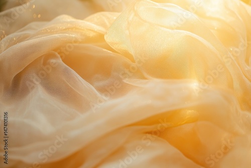 Soft, flowing light beige fabric drapes, illuminated by sunlight.  Close-up view of folds and textures