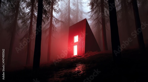 A mysterious structure glows red among the foggy forest, captivating and eerie atmosphere.