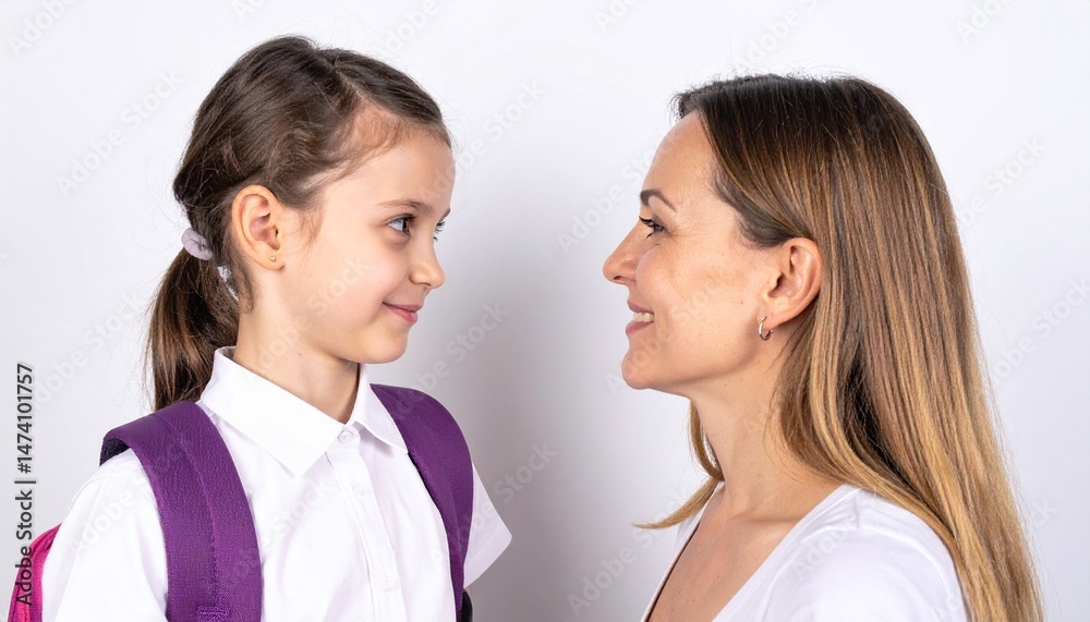 白背景で母親が小学生の娘に優しく笑いかける、愛情があふれる親子の絆の瞬間 白背景で母親が小学生の娘に優しく笑いかける、愛情があふれる親子の絆の瞬間