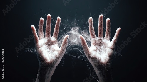 A pair of hands illuminated by a surreal light, symbolizing creativity and inspiration.