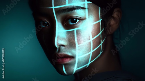 A portrait of a woman with a grid pattern projected on her face.