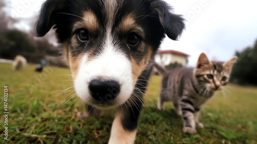 A playful puppy and curious kitten exploring a green grassy field together.