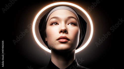 A serene portrait of a contemplative figure with a glowing halo effect.