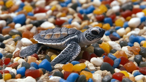 A small sea turtle exploring a colorful pebbled beach environment.