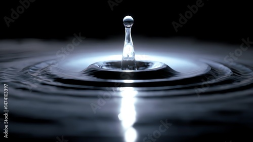 A stunning close-up of a water droplet creating ripples in a dark environment.