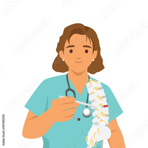 Spinal model to illustrate the structure and function of the spine and spinal nerves. Flat vector illustration isolated on white background