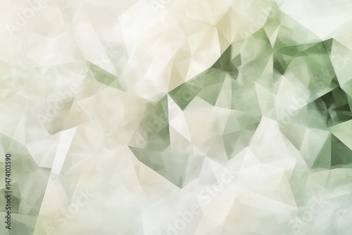 Abstract polygonal design with muted, light beige and sage green tones.  A mosaic of overlapping triangles creates a soft, textured, almost ethereal effect