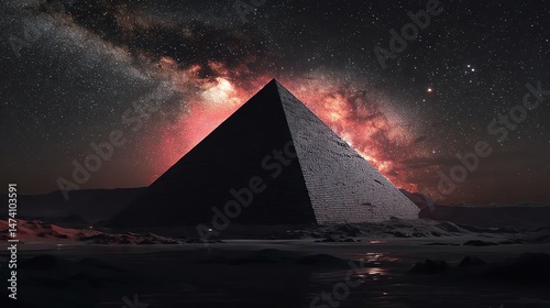 A stunning view of a pyramid illuminated against a starry night sky with galactic colors.