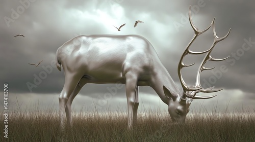 A stylized silver deer stands majestically in a grassy landscape under an overcast sky.
