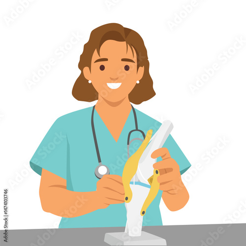 Medical practitioner in scrubs uses a joint model to explain human anatomy. Flat vector illustration isolated on white background