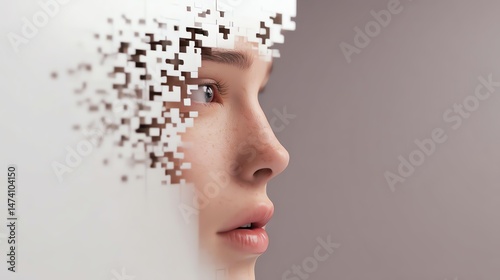 A surreal representation of identity blending into abstract pixels.