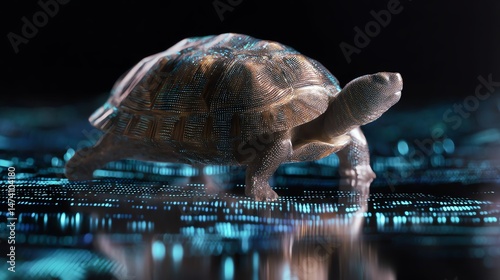 A tortoise exploring a futuristic glowing landscape with vibrant colors and reflections.