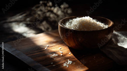 Novel glean white rice in a wooden bowl on a cutting instrument panel