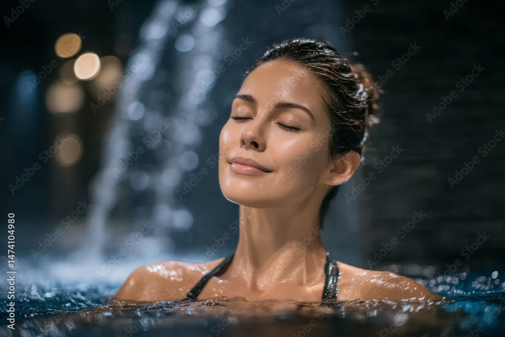 Obraz premium A young and happy woman is relishing the warmth of a waterfall in a spa jacuzzi